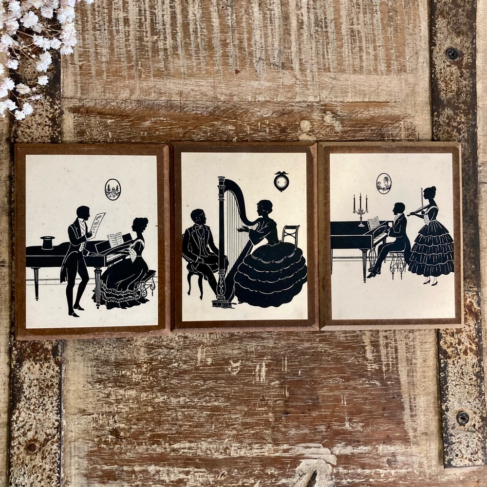 Vintage Set of 3 Victorian Revival Music Silhouette Prints - Black on Cream - Picture 6 of 16